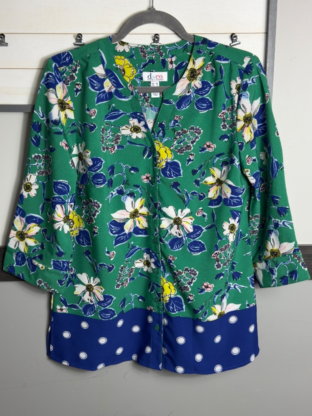 DENIM & CO. 3/4 sleeve floral polka dot print button down blouse size XS